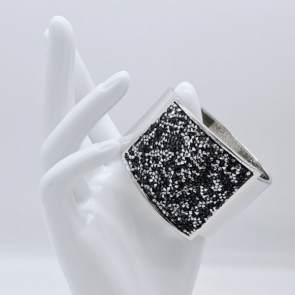 INC Cuff Bracelet Clamper Faux Druzy Rhinestone Wide Black Silver Tone Statement - Picture 4 of 9